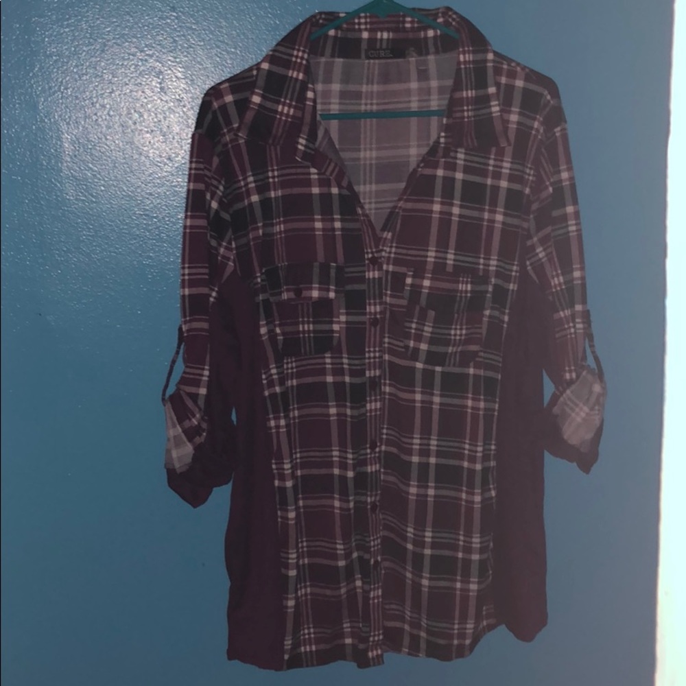 Burgundy/white plaid button down shirt.